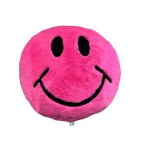 Hot pink furry black smiley face emoji pillow like new except for ripped tag euc